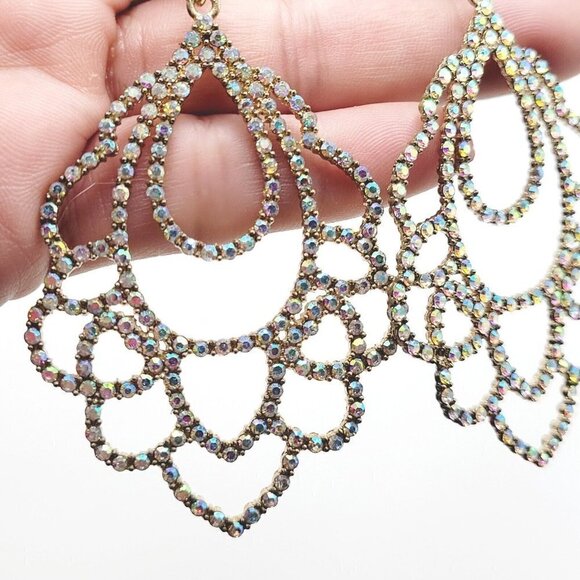 Large AB Rhinestone Drop Dangle Earrings 3.5" Modern Pierced Sparkle Bling EUC - Picture 6 of 8